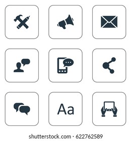 Vector Illustration Set Of Simple Blogging Icons. Elements Loudspeaker, Cedilla, Gossip And Other Synonyms Post, Relation And Gossip.