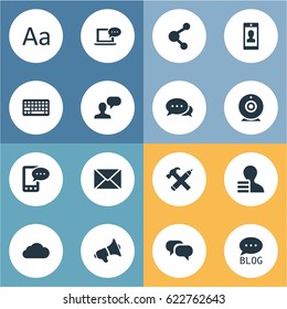Vector Illustration Set Of Simple Blogging Icons. Elements Gossip, Broadcast, Argument And Other Synonyms Share, Discussion And Keyboard.