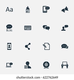 Vector Illustration Set Of Simple Blogging Icons. Elements E-Letter, Share, Cedilla And Other Synonyms Network, Debate And Earnings.