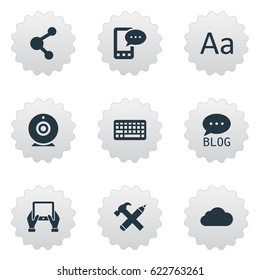 Vector Illustration Set Of Simple Blogging Icons. Elements Notepad, Cedilla, Keypad And Other Synonyms Cedilla, Camera And Keyboard.