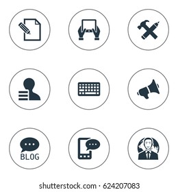 Vector Illustration Set Of Simple Blogging Icons. Elements Document, International Businessman, E-Letter And Other Synonyms Loudspeaker, Tablet And Man.