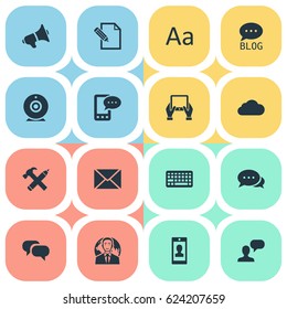 Vector Illustration Set Of Simple Blogging Icons. Elements Overcast, Post, E-Letter And Other Synonyms Repair, Conversation And Negotiation.