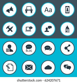 Vector Illustration Set Of Simple Blogging Icons. Elements Site, Laptop, Man Considering And Other Synonyms Hot, Gossip And Man.