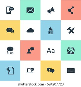 Vector Illustration Set Of Simple Blogging Icons. Elements Cedilla, Site, Laptop And Other Synonyms Discussion, Overcast And Cedilla.