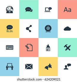 Vector Illustration Set Of Simple Blogging Icons. Elements Cedilla, Loudspeaker, Broadcast And Other Synonyms Overcast, Laptop And Argument.