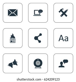 Vector Illustration Set Of Simple Blogging Icons. Elements Repair, Gazette, Laptop And Other Synonyms Broadcast, Considering And Epistle.