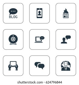 Vector Illustration Set Of Simple Blogging Icons. Elements Gossip, Laptop, International Businessman And Other Synonyms Profile, Camera And Broadcast.