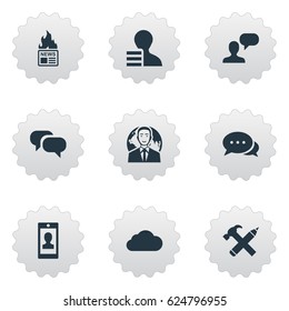 Vector Illustration Set Of Simple Blogging Icons. Elements Gain, Man Considering, Gossip And Other Synonyms Speech, Repair And Discussion.