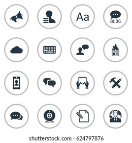 Vector Illustration Set Of Simple Blogging Icons. Elements Gain, Profile, Cedilla And Other Synonyms Globe, Megaphone And Camera.