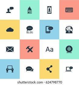Vector Illustration Set Of Simple Blogging Icons. Elements Gazette, Man Considering, Notepad And Other Synonyms E-Letter, Debate And Relation.