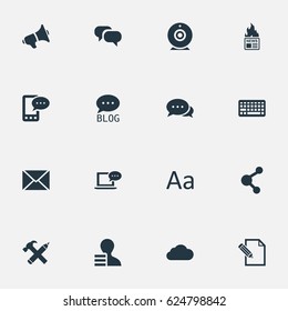 Vector Illustration Set Of Simple Blogging Icons. Elements Loudspeaker, Share, Repair And Other Synonyms Network, Gazette And Repair.