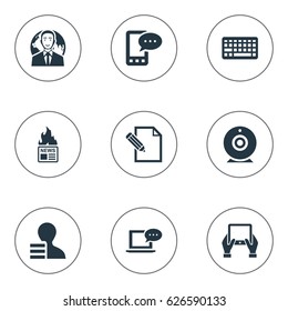 Vector Illustration Set Of Simple Blogging Icons. Elements Gain, Laptop, Document And Other Synonyms Broadcast, Gain And Globe.