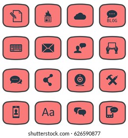 Vector Illustration Set Of Simple Blogging Icons. Elements Profile, Overcast, Share And Other Synonyms Smartphone, Pen And Hand.