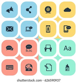 Vector Illustration Set Of Simple Blogging Icons. Elements Laptop, Share, Site And Other Synonyms News, Broadcast And Network.