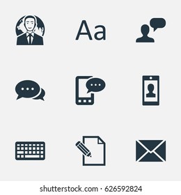 Vector Illustration Set Of Simple Blogging Icons. Elements Cedilla, Man Considering, Argument And Other Synonyms Keyboard, Cedilla And Debate.