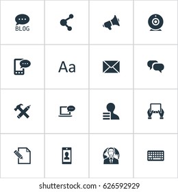 Vector Illustration Set Of Simple Blogging Icons. Elements Notepad, Document, Site And Other Synonyms Share, Tablet And Blog.