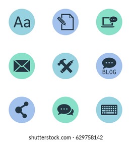 Vector Illustration Set Of Simple Blogging Icons. Elements Cedilla, Laptop, Argument And Other Synonyms Negotiation, Keyboard And Message.