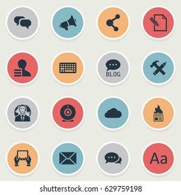 Vector Illustration Set Of Simple Blogging Icons. Elements Gossip, Site, Argument And Other Synonyms Cedilla, Loudspeaker And Speech.