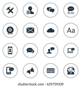 Vector Illustration Set Of Simple Blogging Icons. Elements Gossip, Overcast, Post And Other Synonyms Man, Profile And Speech.