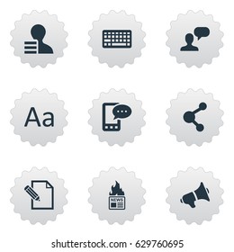 Vector Illustration Set Of Simple Blogging Icons. Elements Loudspeaker, Document, Share And Other Synonyms Network, Keyboard And E-Letter.