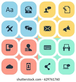 Vector Illustration Set Of Simple Blogging Icons. Elements Gossip, Man Considering, E-Letter And Other Synonyms Laptop, Keypad And Sky.