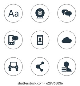 Vector Illustration Set Of Simple Blogging Icons. Elements Broadcast, Overcast, Share And Other Synonyms Alphabet, Tablet And Speech.