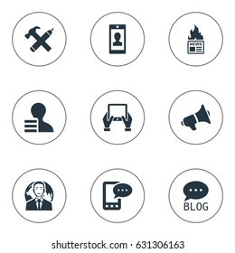 Vector Illustration Set Of Simple Blogging Icons. Elements Gazette, E-Letter, Gain And Other Synonyms Message, Notepad And Megaphone.