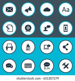 Vector Illustration Set Of Simple Blogging Icons. Elements Broadcast, Profile, Site And Other Synonyms Laptop, Pencil And Keypad.