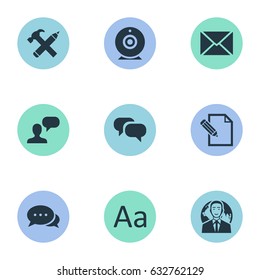 Vector Illustration Set Of Simple Blogging Icons. Elements Document, Gossip, Argument And Other Synonyms Epistle, Debate And Discussion.