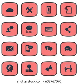 Vector Illustration Set Of Simple Blogging Icons. Elements Overcast, Post, E-Letter And Other Synonyms Profile, Relation And Megaphone.