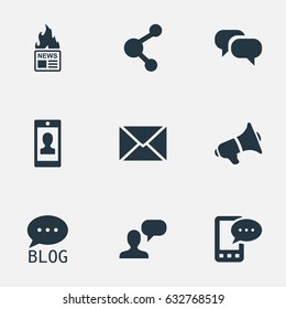 Vector Illustration Set Of Simple Blogging Icons. Elements Man Considering, Site, Post And Other Synonyms Missive, Network And Loudspeaker.
