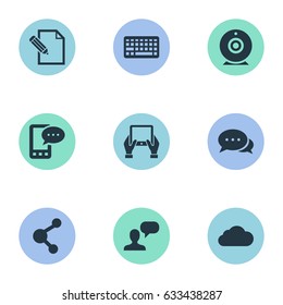 Vector Illustration Set Of Simple Blogging Icons. Elements Share, Argument, Keypad And Other Synonyms Considering, Laptop And Overcast.