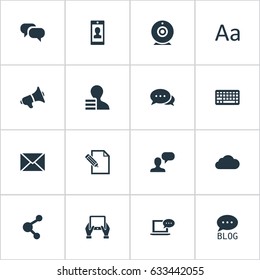 Vector Illustration Set Of Simple Blogging Icons. Elements Man Considering, Cedilla, Overcast And Other Synonyms Relation, Notepad And Broadcast.