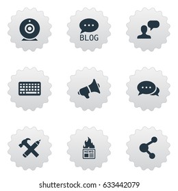 Vector Illustration Set Of Simple Blogging Icons. Elements Keypad, Repair, Gazette And Other Synonyms Discussion, Broadcast And Web.