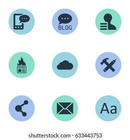 Vector Illustration Set Of Simple Blogging Icons. Elements Gain, Site, Repair And Other Synonyms Overcast, Epistle And Relation.