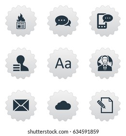 Vector Illustration Set Of Simple Blogging Icons. Elements Overcast, E-Letter, International Businessman And Other Synonyms Cloud, Argument And Hot.