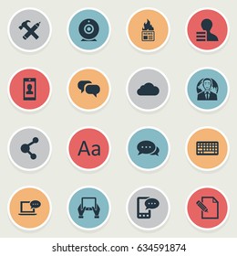 Vector Illustration Set Of Simple Blogging Icons. Elements Keypad, Gain, Share And Other Synonyms E-Letter, Hammer And Relation.