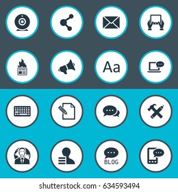 Vector Illustration Set Of Simple Blogging Icons. Elements Cedilla, Gazette, Site And Other Synonyms Post, Discussion And Repair.