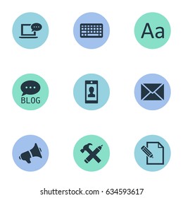 Vector Illustration Set Of Simple Blogging Icons. Elements Document, Profile, Site And Other Synonyms Man, Missive And Site.