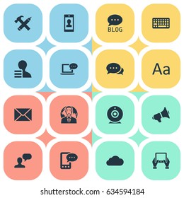 Vector Illustration Set Of Simple Blogging Icons. Elements Man Considering, Repair, Laptop And Other Synonyms Speaker, Negotiation And Epistle.