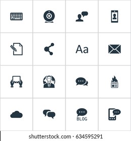 Vector Illustration Set Of Simple Blogging Icons. Elements Gossip, Broadcast, Notepad And Other Synonyms Discussion, Camera And Writing.