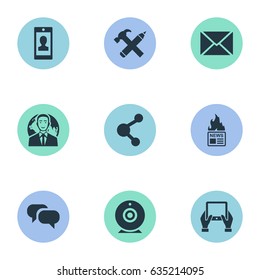 Vector Illustration Set Of Simple Blogging Icons. Elements Share, Profile, Notepad And Other Synonyms Camera, Repair And Missive.