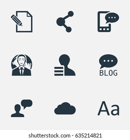 Vector Illustration Set Of Simple Blogging Icons. Elements Overcast, Share, Man Considering And Other Synonyms Gain, Network And Phone.