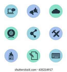 Vector Illustration Set Of Simple Blogging Icons. Elements Overcast, Share, Repair And Other Synonyms Loudspeaker, Laptop And Pen.