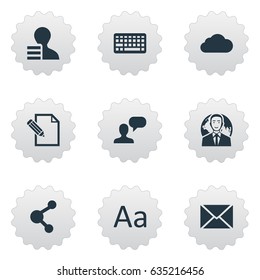 Vector Illustration Set Of Simple Blogging Icons. Elements Document, International Businessman, Keypad And Other Synonyms Network, Man And Overcast.