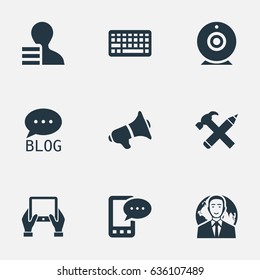 Vector Illustration Set Of Simple Blogging Icons. Elements Keypad, Repair, Gain And Other Synonyms Speaker, Web And Loudspeaker.