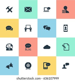 Vector Illustration Set Of Simple Blogging Icons. Elements Document, Man Considering, Overcast And Other Synonyms Negotiation, Globe And Discussion.