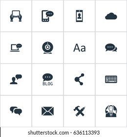 Vector Illustration Set Of Simple Blogging Icons. Elements Overcast, Notepad, E-Letter And Other Synonyms Tablet, Relation And Conversation.