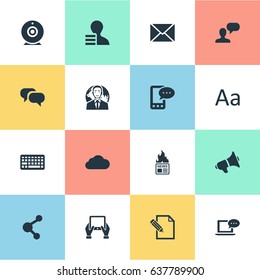 Vector Illustration Set Of Simple Blogging Icons. Elements Cedilla, Gain, E-Letter And Other Synonyms E-Letter, Conversation And Broadcast.