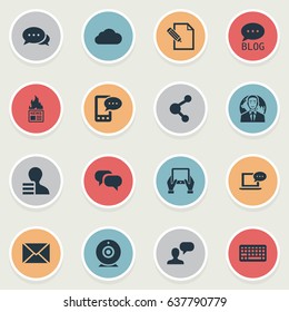 Vector Illustration Set Of Simple Blogging Icons. Elements Man Considering, E-Letter, Keypad And Other Synonyms Sky, Pen And Overcast.